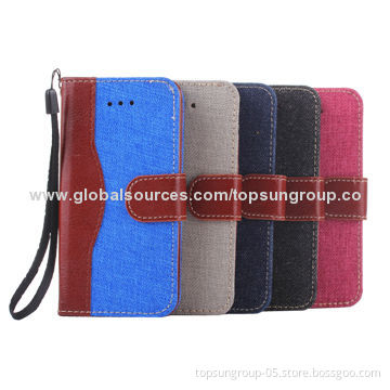 Denim + PU Flip Cases for iPhone 5S/5G/5C, High-quality, Card Slots and Hanging Rope